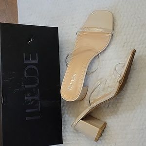 Illude clear nude block heel double band square toe sandal slip on shoes 8 New…